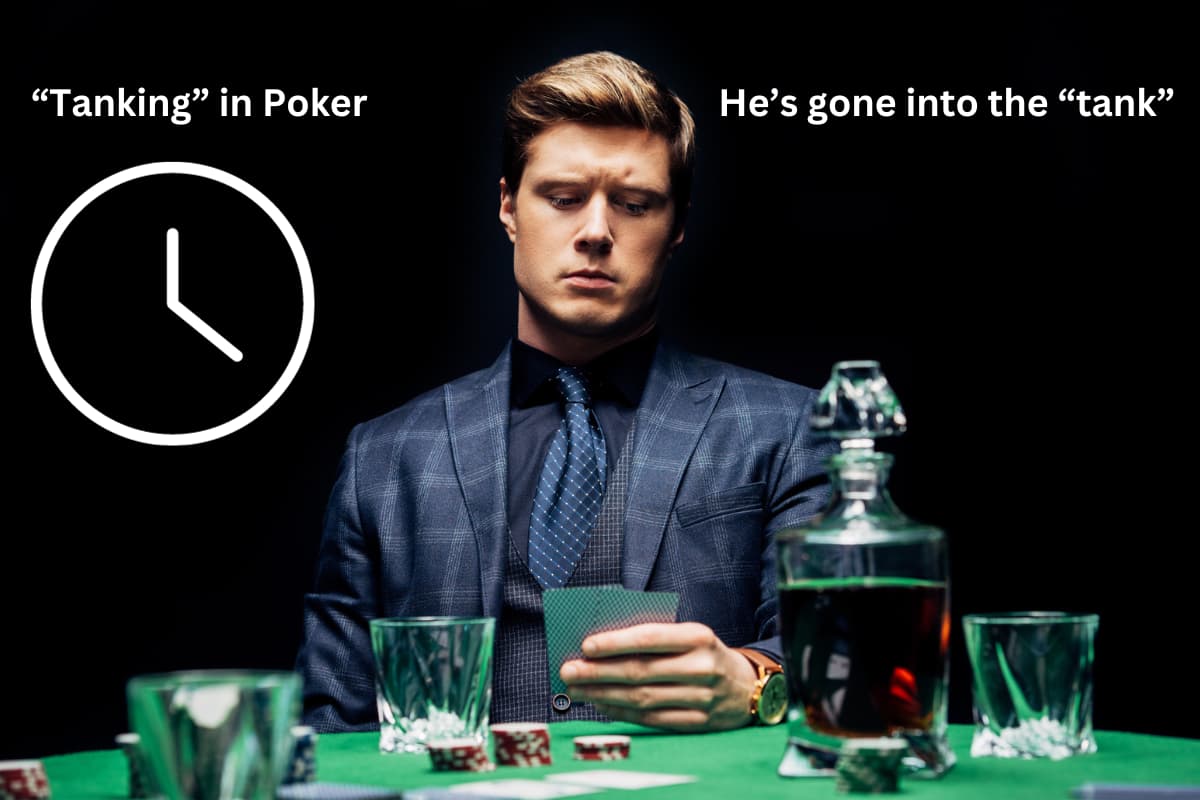 man appears to be taking long time over a decision at poker table, text surrounds him with "tanking" and "poker tank"